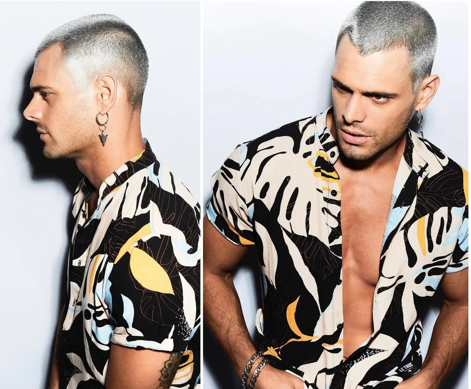 Buzz Cut rubio platinado global. Un look de alto impacto, audaz y con actitud. La fuerza del corte se encuentra con un color protagonista para crear una imagen moderna, magnética y sin miedo a destacar.